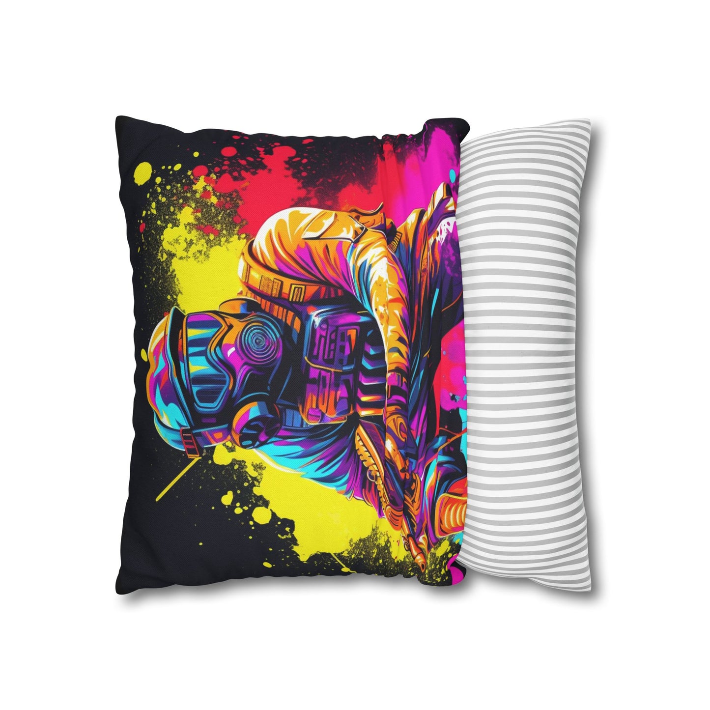 Paintball Action Sport: Player in Battle, Paint Splatter - Spun Polyester Square Pillow Case