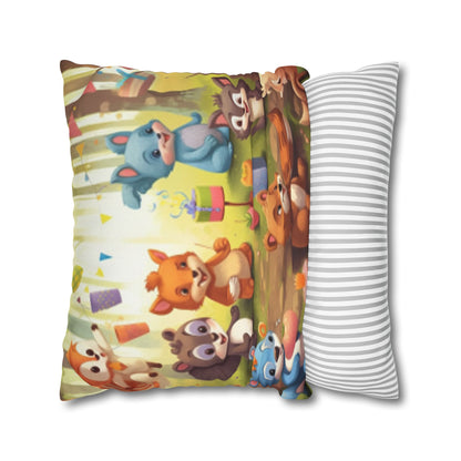 Nursery Art - Cartoon Forest Animals Party Design Spun Polyester Square Pillow Case