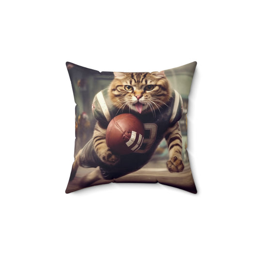 Football Field Felines: Kitty Cats in Sport Tackling Scoring Game Position - Spun Polyester Square Pillow