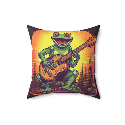 Classic Frog ontop a log Style Guitar Playing Musician Spun Polyester Square Pillow