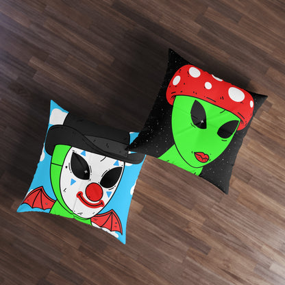 Multi Visitor (2) Green Alien w/ Devil Wings + Mushroom Head Tufted Floor Pillow, Square