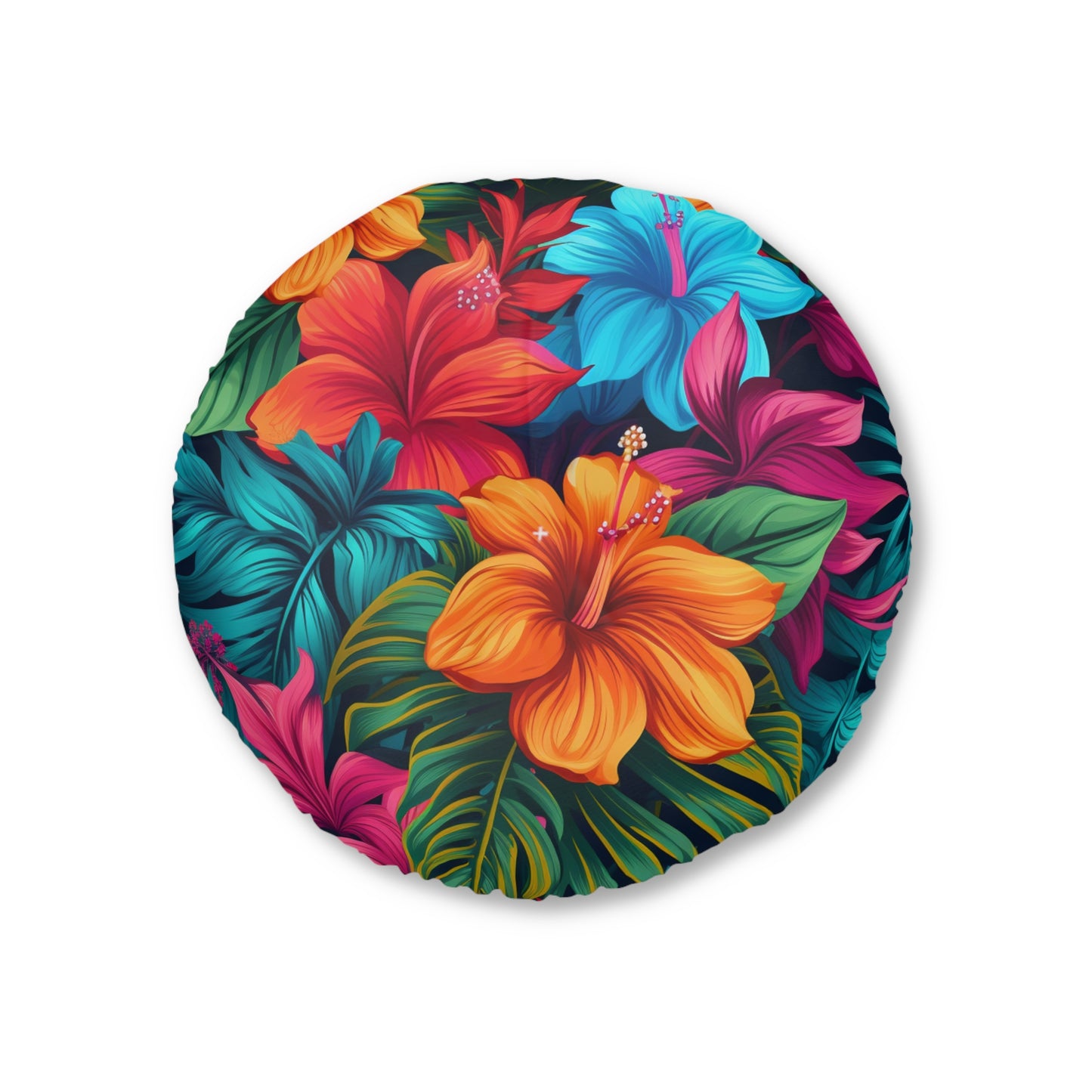 Hawaiian-Inspired Tropical Floral Pattern Design Tufted Floor Pillow, Round