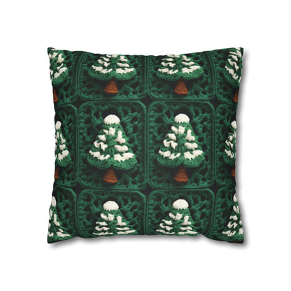 Evergreen Christmas Trees Crochet, Festive Pine Tree Holiday Craft, Yuletide Forest, Winter - Spun Polyester Square Pillow Case