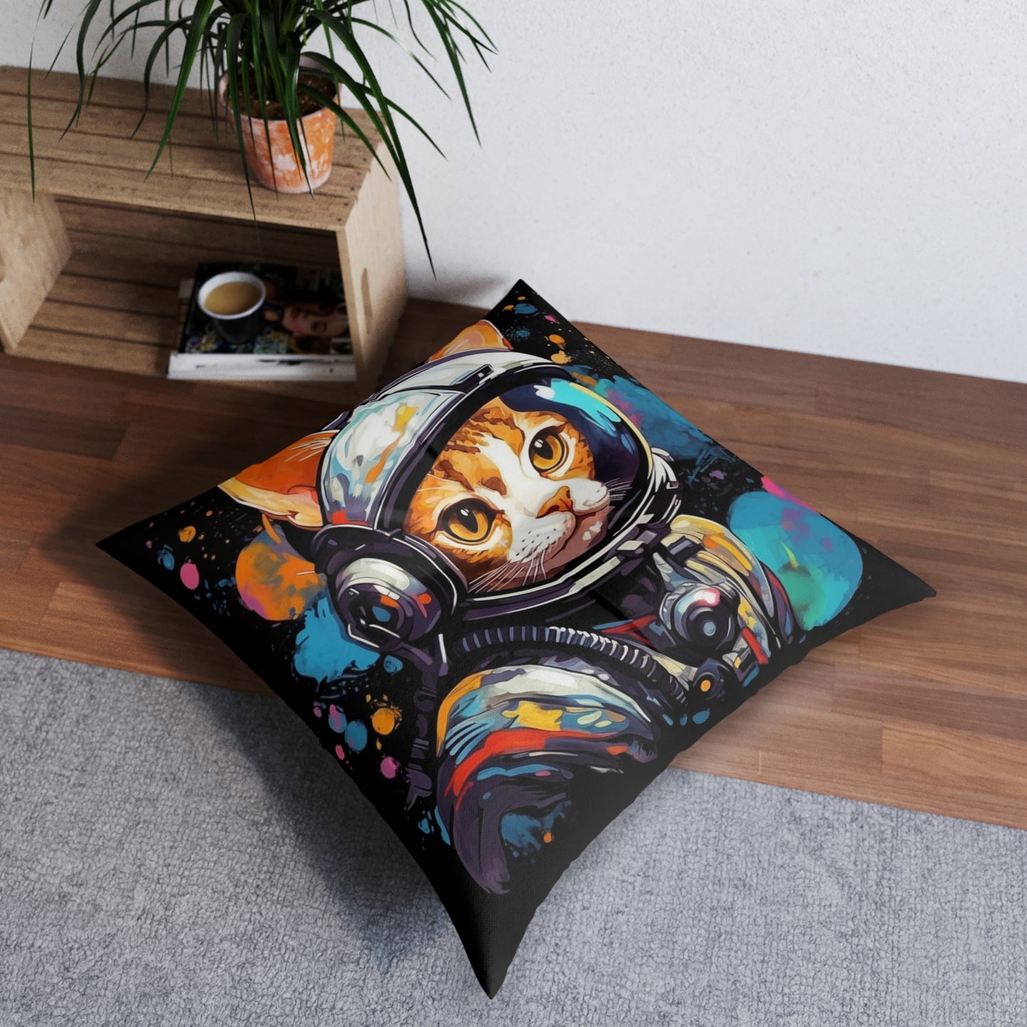 Astro Cat Adventure Feline - Pop Art, Floating in Cosmic Space - Tufted Floor Pillow, Square