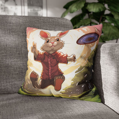 Disc Golf Rabbit: Bunny Aiming Frisbee for Basket Chain - Spun Polyester Square Pillow Case