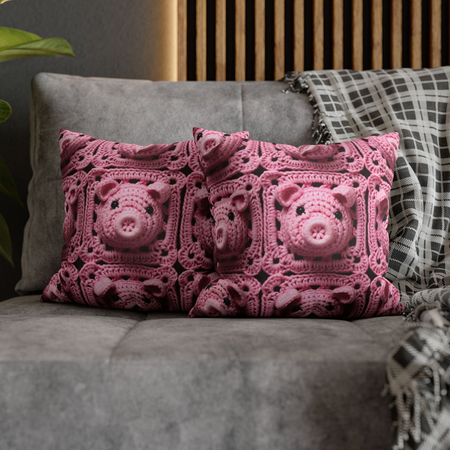 Crochet Pig Farm Animal Pink Snout Piggy Pattern - Spun Polyester Square Pillow Case