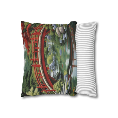 Japanese Garden Art - Tranquil Koi Pond Red Bridge Spun Polyester Square Pillow Case