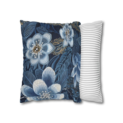 Flower Blossom Embroidery Floral on Denim Style - Spun Polyester Square Pillow Case