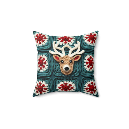 Christmas Reindeer Crochet, Wintry Wonderland Design, Festive Stag Motif. Embrace the Holiday Spirit - Spun Polyester Square Pillow