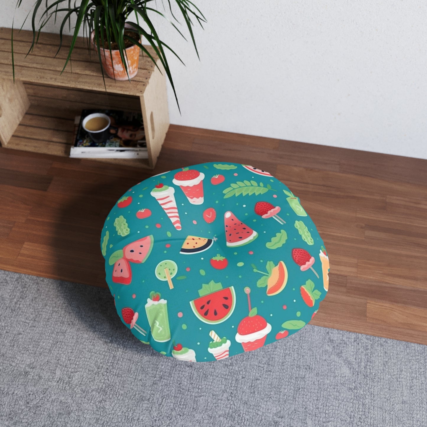 Quirky Summer Food Watermelon Ice Cream Cocktail Pattern Tufted Floor Pillow, Round