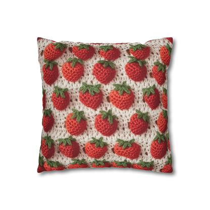 Strawberry Traditional Japanese, Crochet Craft, Fruit Design, Red Berry Pattern - Spun Polyester Square Pillow Case