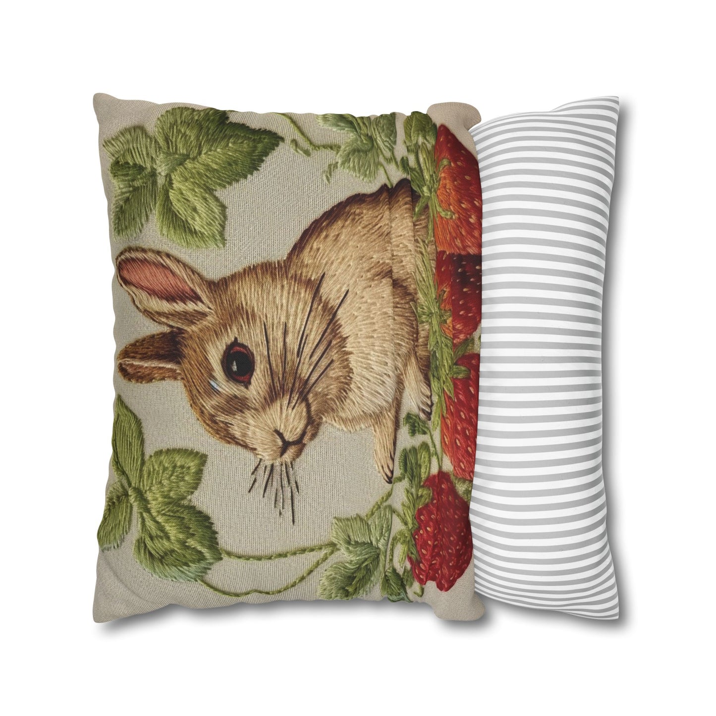 Strawberry Bunny Rabit - Embroidery Style - Strawberries Fruit Munchies - Easter Gift - Spun Polyester Square Pillow Case