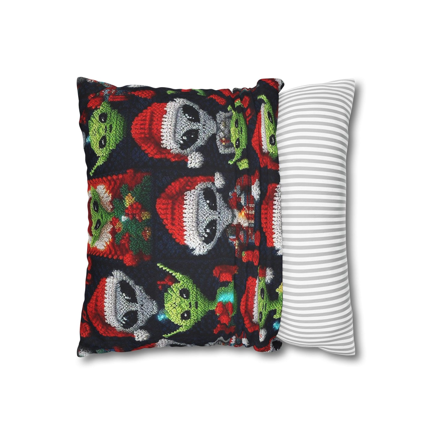 Festive Alien Invasion: Intergalactic Christmas Holiday Cheer with Santa Hats and Seasonal Gifts Crochet Pattern - Spun Polyester Square Pillow Case