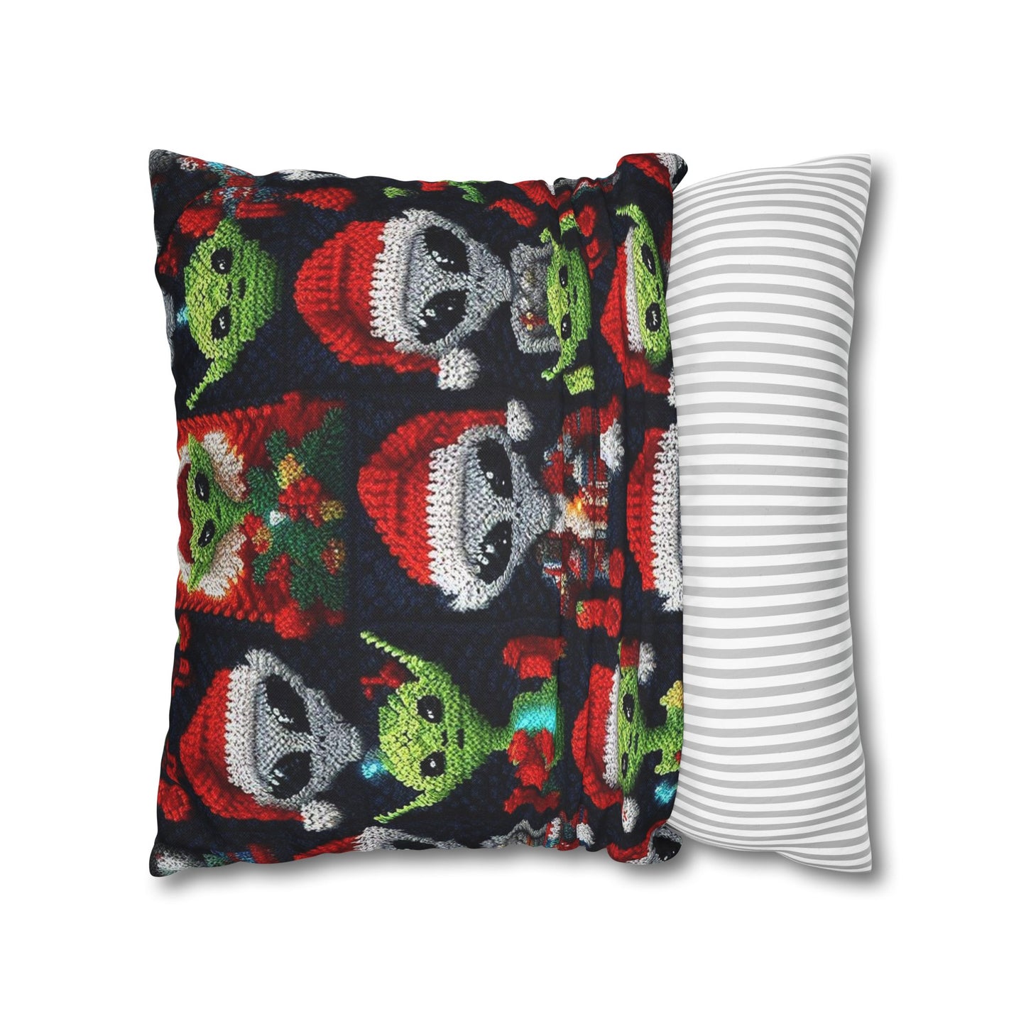 Festive Alien Invasion: Intergalactic Christmas Holiday Cheer with Santa Hats and Seasonal Gifts Crochet Pattern - Spun Polyester Square Pillow Case