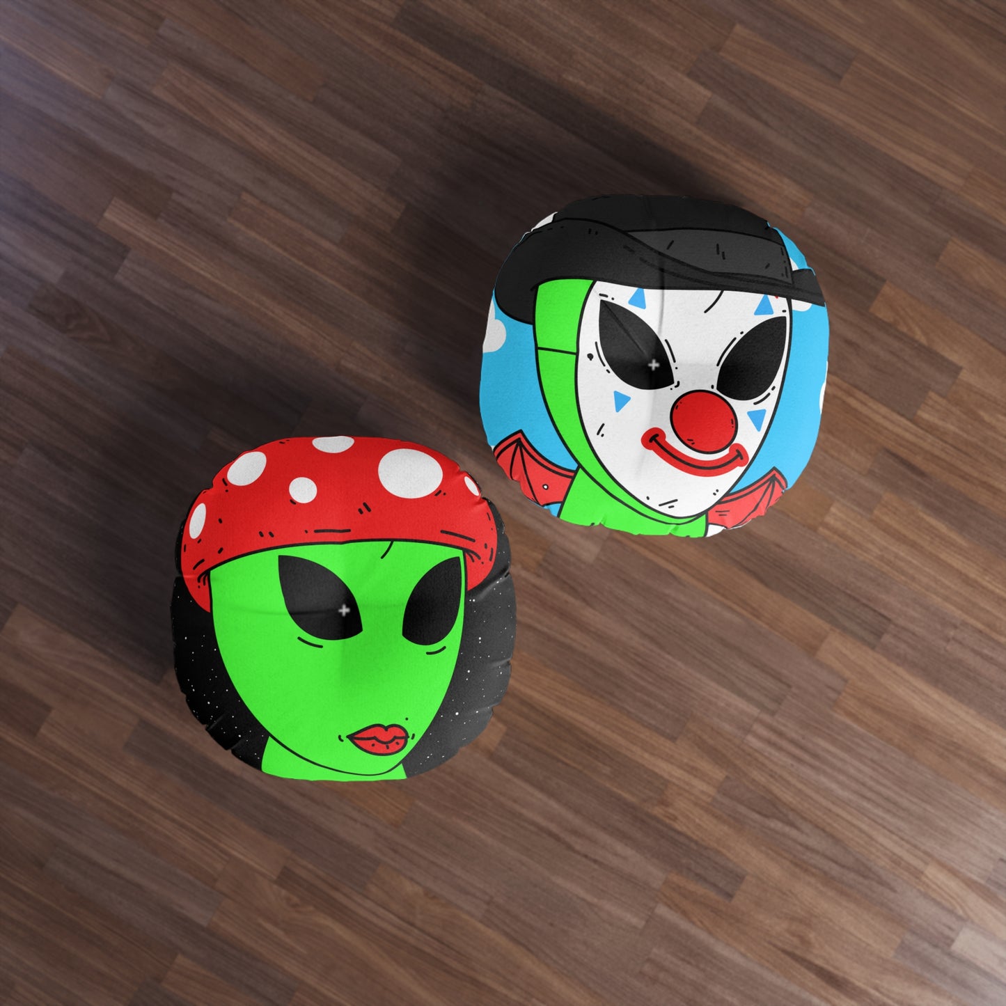 Multi Visitor (2) Green Alien w/ Devil Wings + Mushroom Head Tufted Floor Pillow, Round