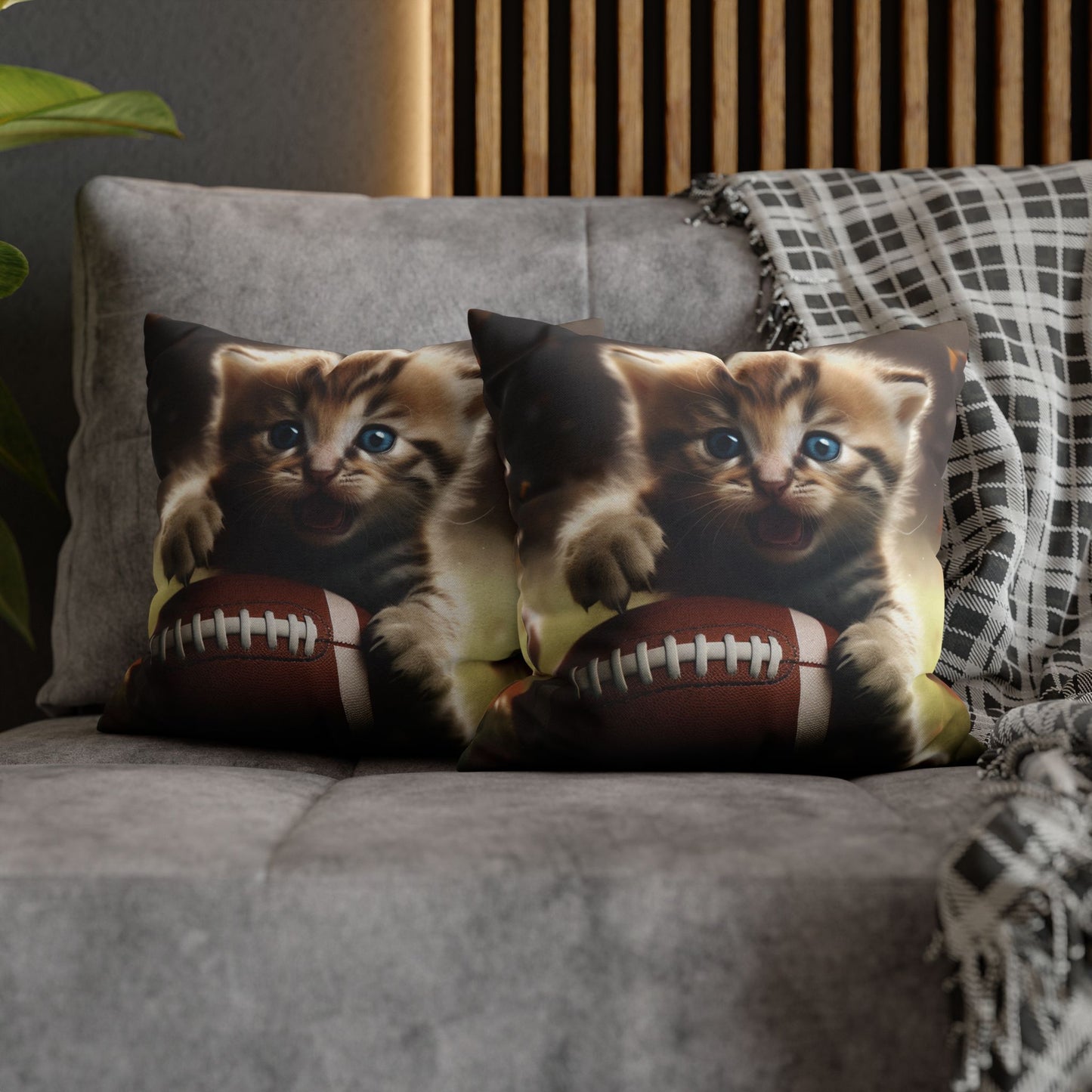 Football Kitten Touchdown: Tabby's Winning Play Sport Game - Spun Polyester Square Pillow Case