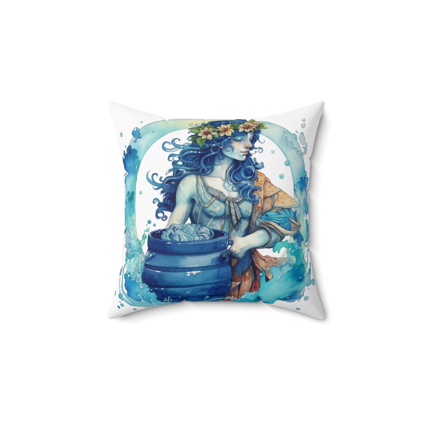 Artistic Aquarius Zodiac - Watercolor Water-Bearer Depiction - Spun Polyester Square Pillow