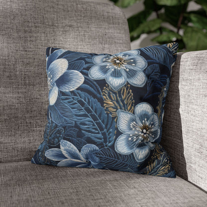 Flower Blossom Embroidery Floral on Denim Style - Spun Polyester Square Pillow Case