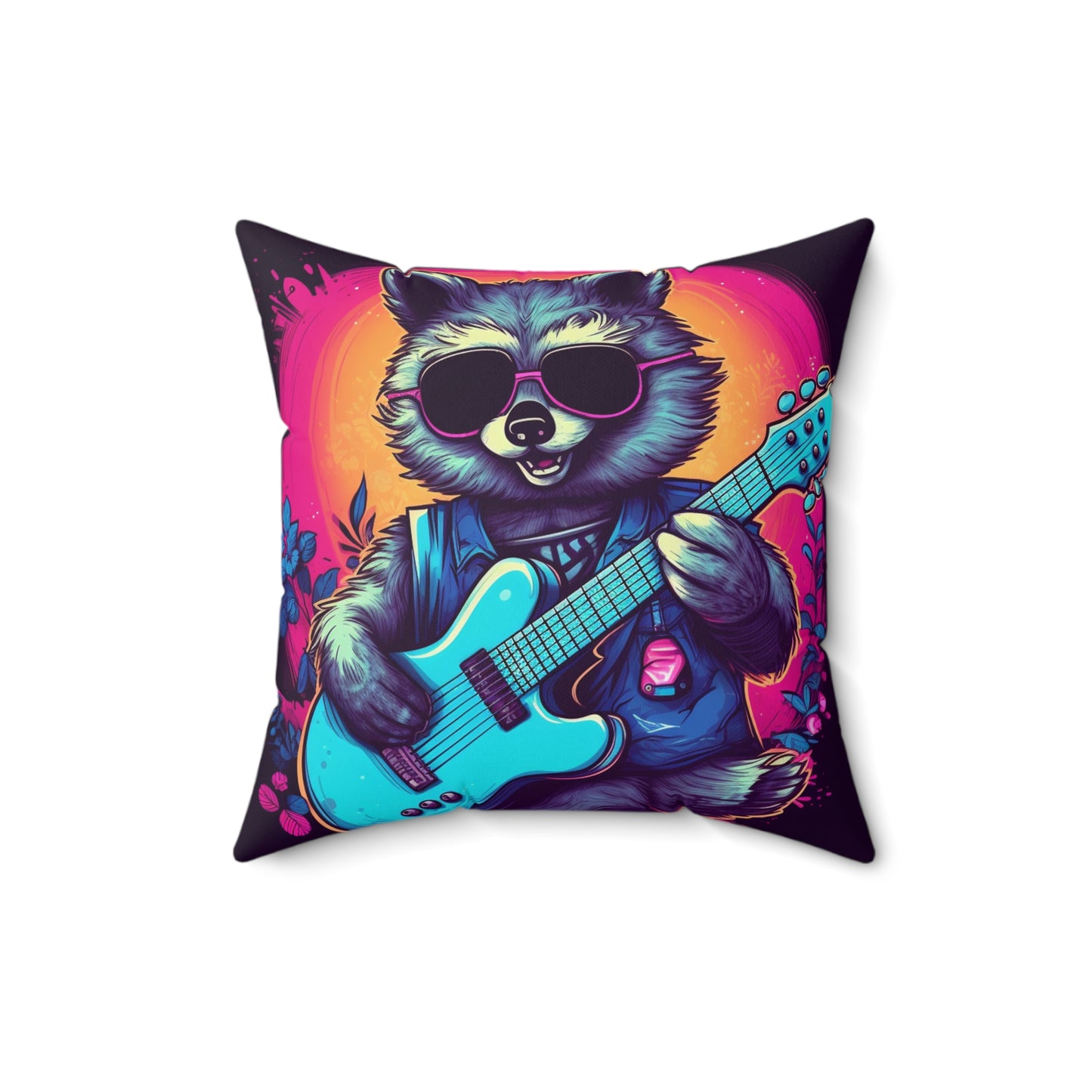 Raccoon Musician Art - Rock Star Guitarist Furry Animal Spun Polyester Square Pillow