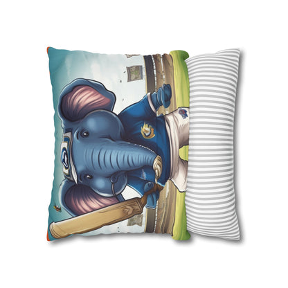 India Elephant Cricket Sport Star: Pitch, Run, Stump Game - Animated Charm - Spun Polyester Square Pillow Case