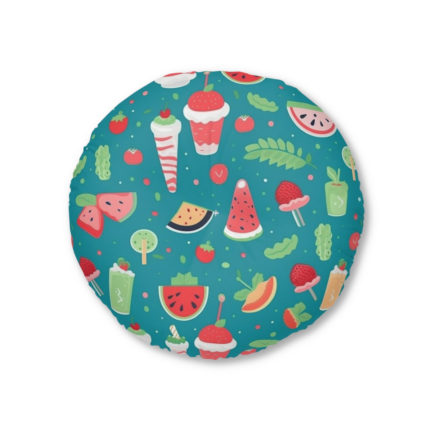 Quirky Summer Food Watermelon Ice Cream Cocktail Pattern Tufted Floor Pillow, Round