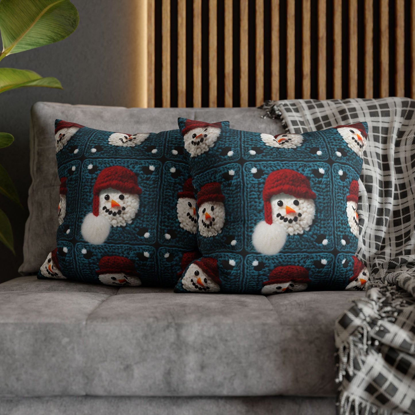 Snowman Crochet Craft, Festive Yuletide Cheer, Winter Wonderland - Spun Polyester Square Pillow Case