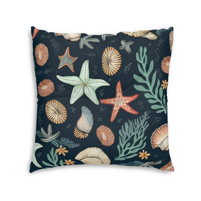 Seashells & Starfish Marine-Inspired Pattern Tufted Floor Pillow, Square