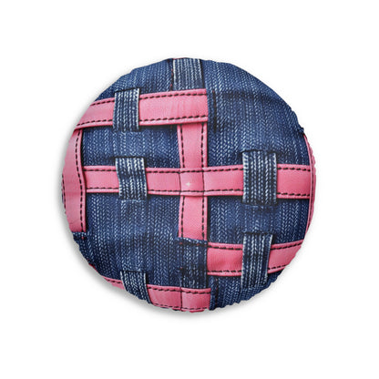 Candy-Striped Crossover: Pink Denim Ribbons Dancing on Blue Stage - Tufted Floor Pillow, Round