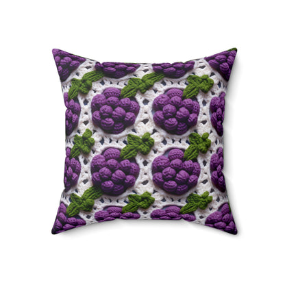 Crochet Grapes Pattern - Granny Square Design - Fresh Fruit Pick - Orchard Purple Snack Food - Spun Polyester Square Pillow