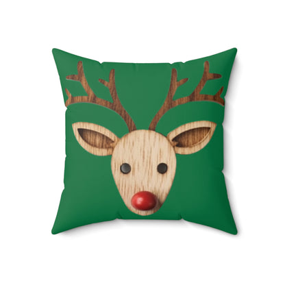 Red Reindeer Nose Christmas Classic Winter Season - Green - Spun Polyester Square Pillow