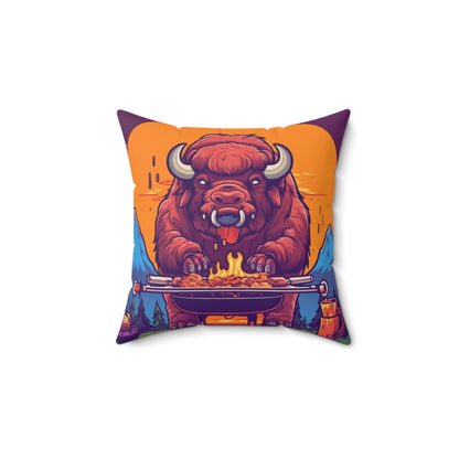 American Bison Grill Cook Food Buffalo Graphic Spun Polyester Square Pillow