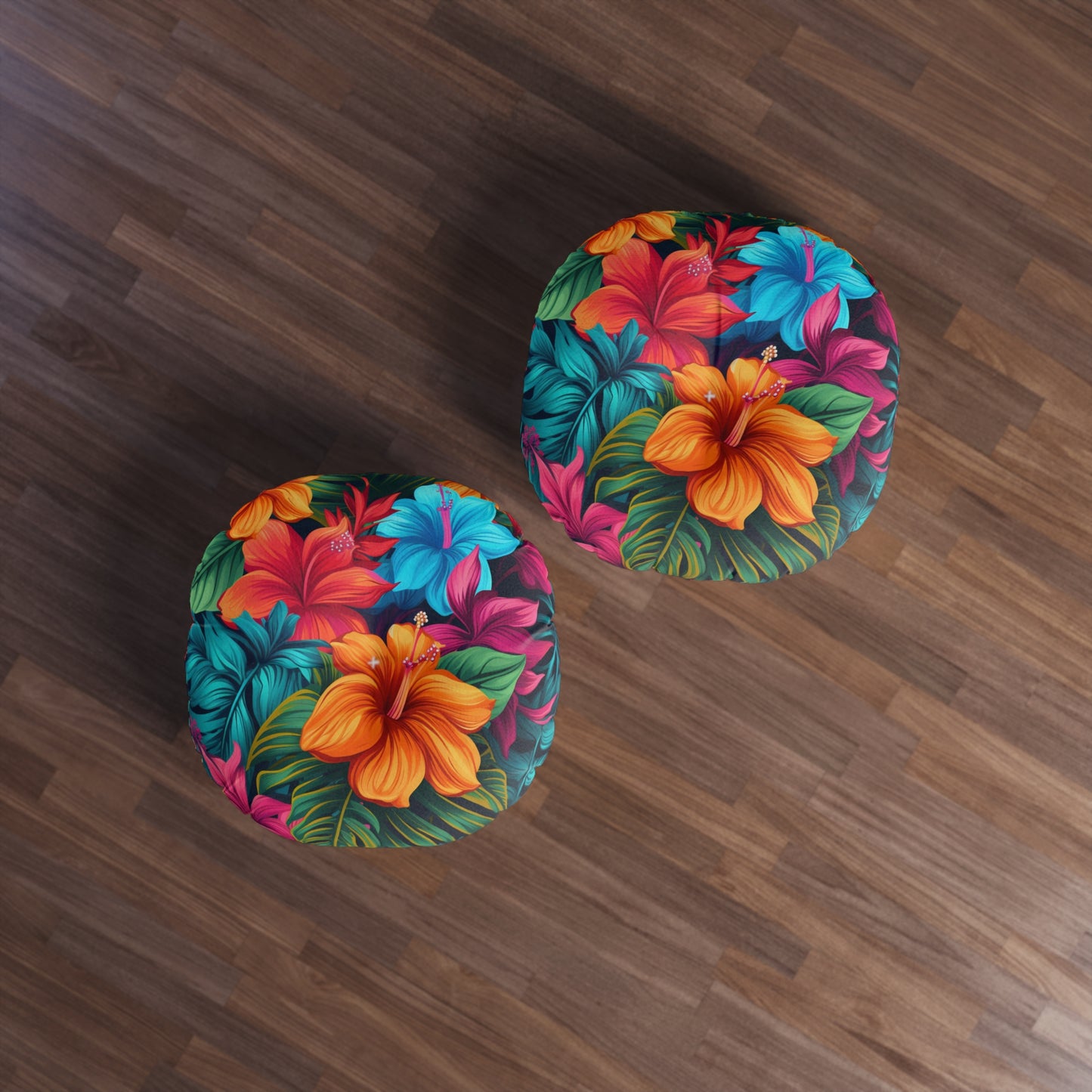 Hawaiian-Inspired Tropical Floral Pattern Design Tufted Floor Pillow, Round