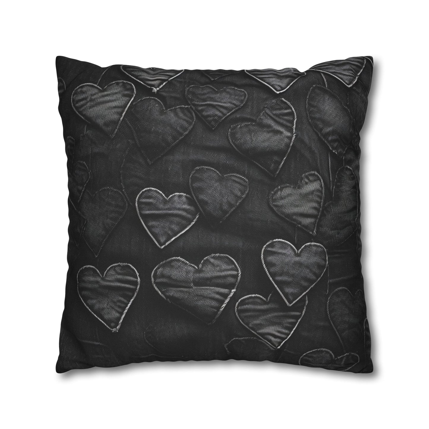 Black: Distressed Denim-Inspired Fabric Heart Embroidery Design - Spun Polyester Square Pillow Case