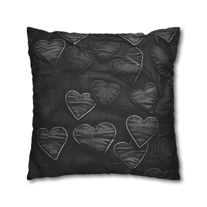 Black: Distressed Denim-Inspired Fabric Heart Embroidery Design - Spun Polyester Square Pillow Case