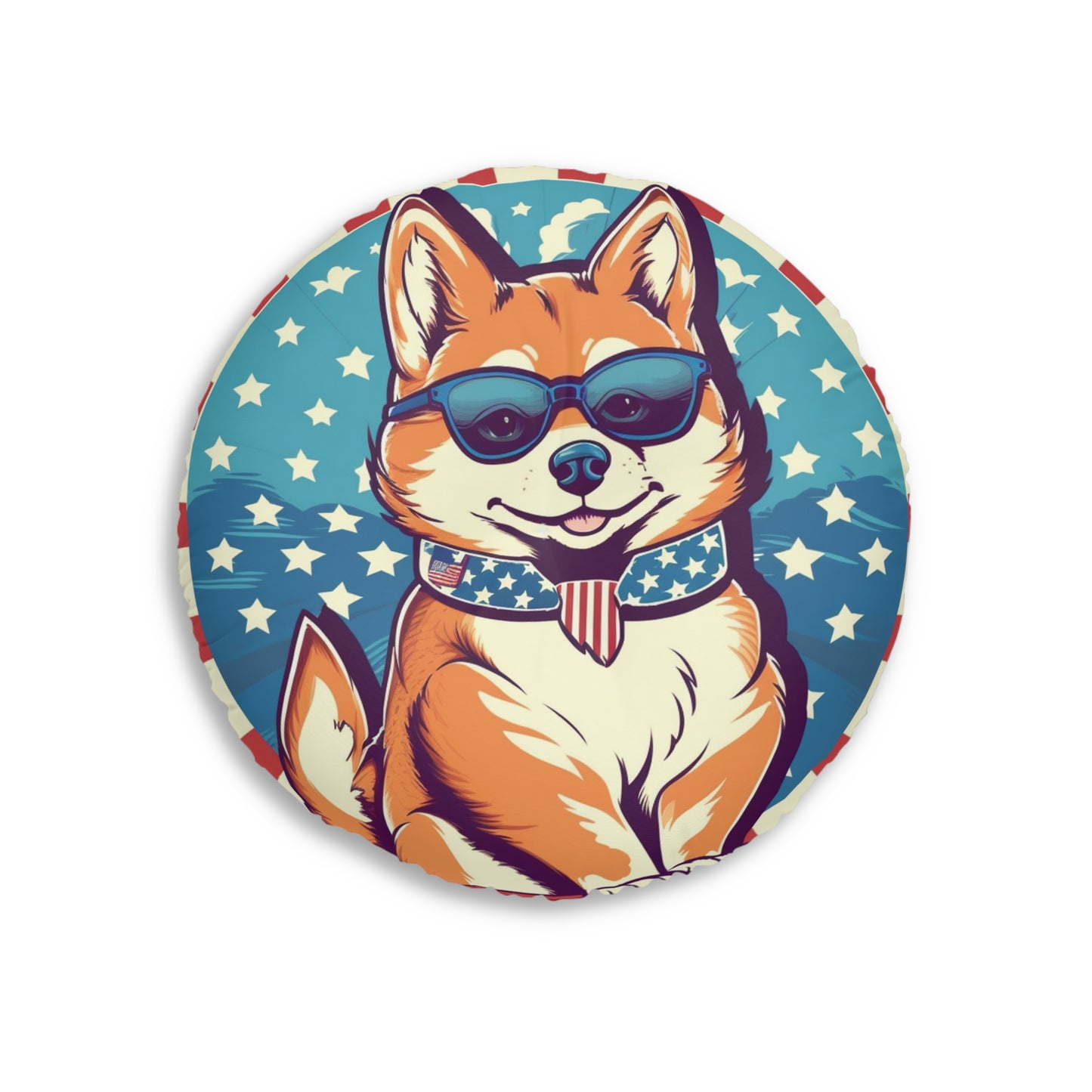 Patriotic Shiba Inu Retro Cartoon -Synthwave Summer Animation Tufted Floor Pillow, Round