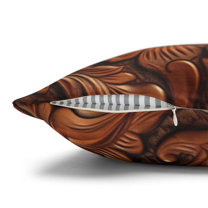 Leather Flower Cognac Classic Brown Timeless American Cowboy Design - Spun Polyester Square Pillow Case