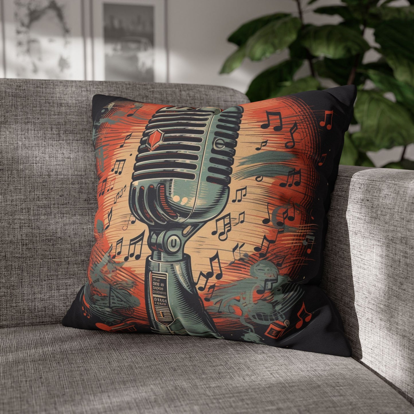 Retro Microphone & Music Notes - Vintage Style Design Spun Polyester Square Pillow Case