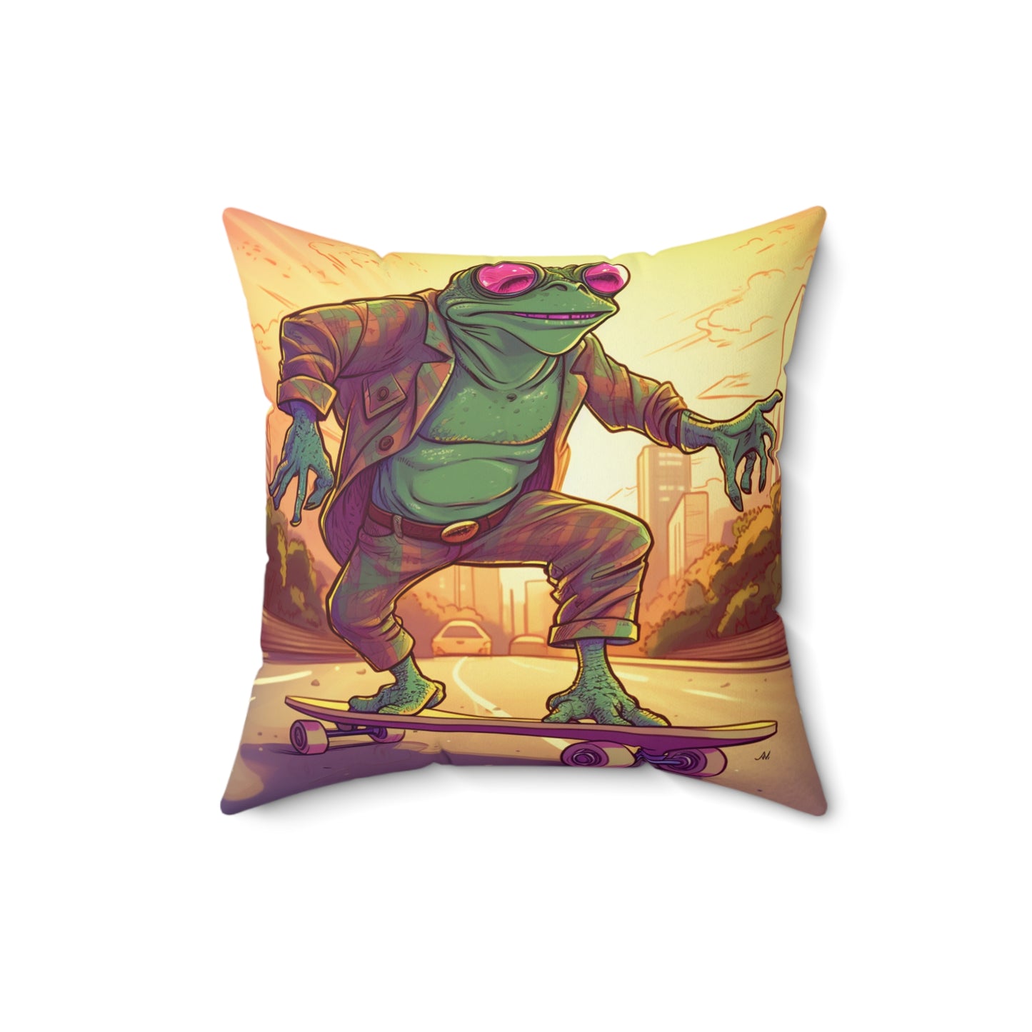 Old School Frog Skateboard Rider Classic Style Amphibian Spun Polyester Square Pillow