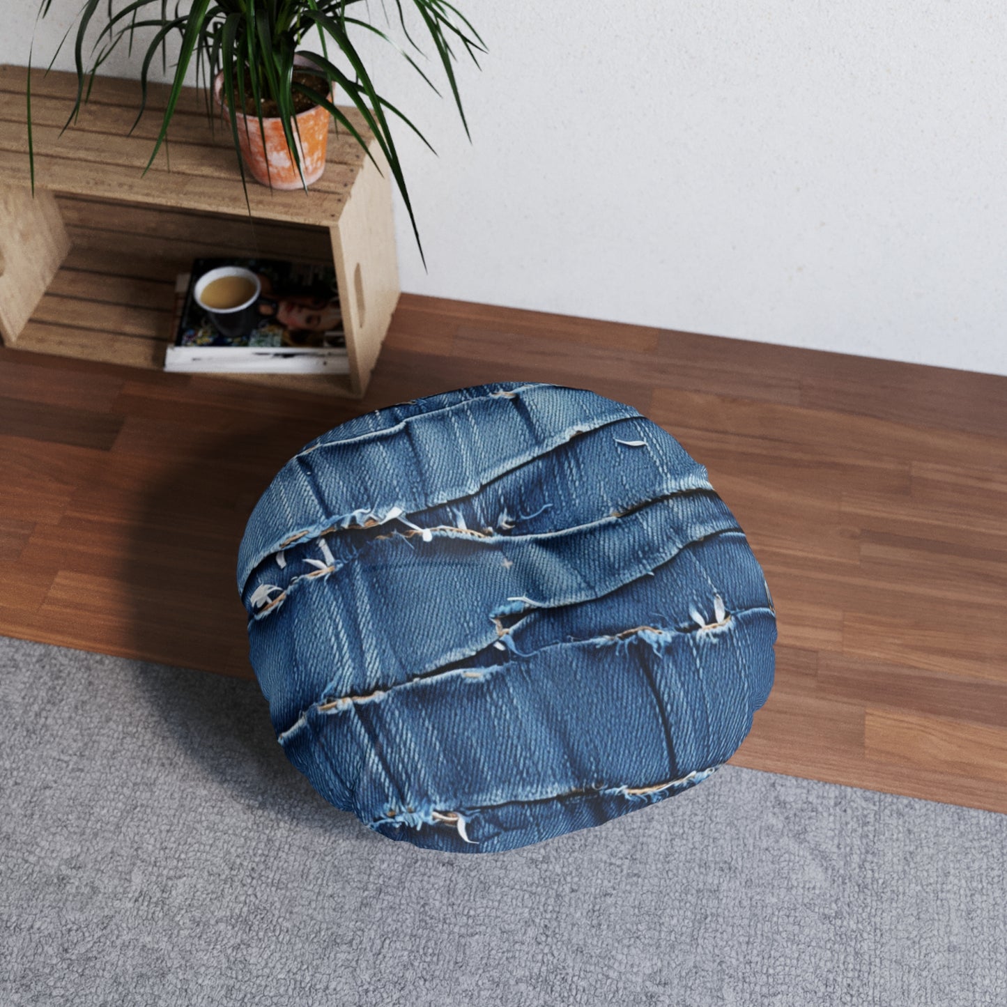 Midnight Blue Distressed Denim: Rugged, Torn & Stylish Design - Tufted Floor Pillow, Round