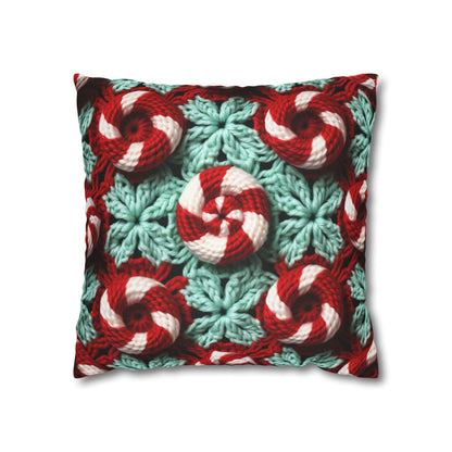 Christmas Crochet Candy Cane - Pepper Red Crystal White Holiday Pattern - Spun Polyester Square Pillow Case