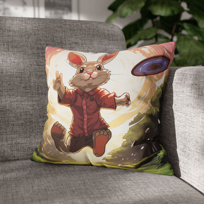 Disc Golf Rabbit: Bunny Aiming Frisbee for Basket Chain - Spun Polyester Square Pillow Case