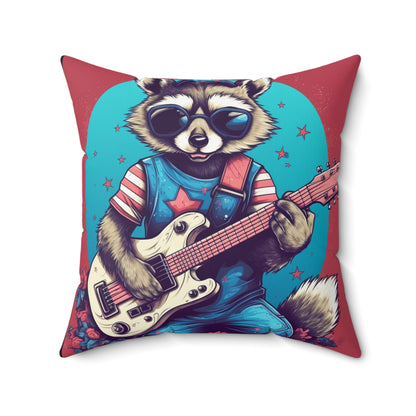 Patriotic Rock 'n' Roll Raccoon: Furry Guitar Player Spun Polyester Square Pillow