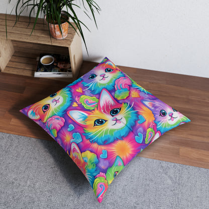 Happy Kitten & Cat Design - Vivid, Colorful & Eye-Catching - Tufted Floor Pillow, Square