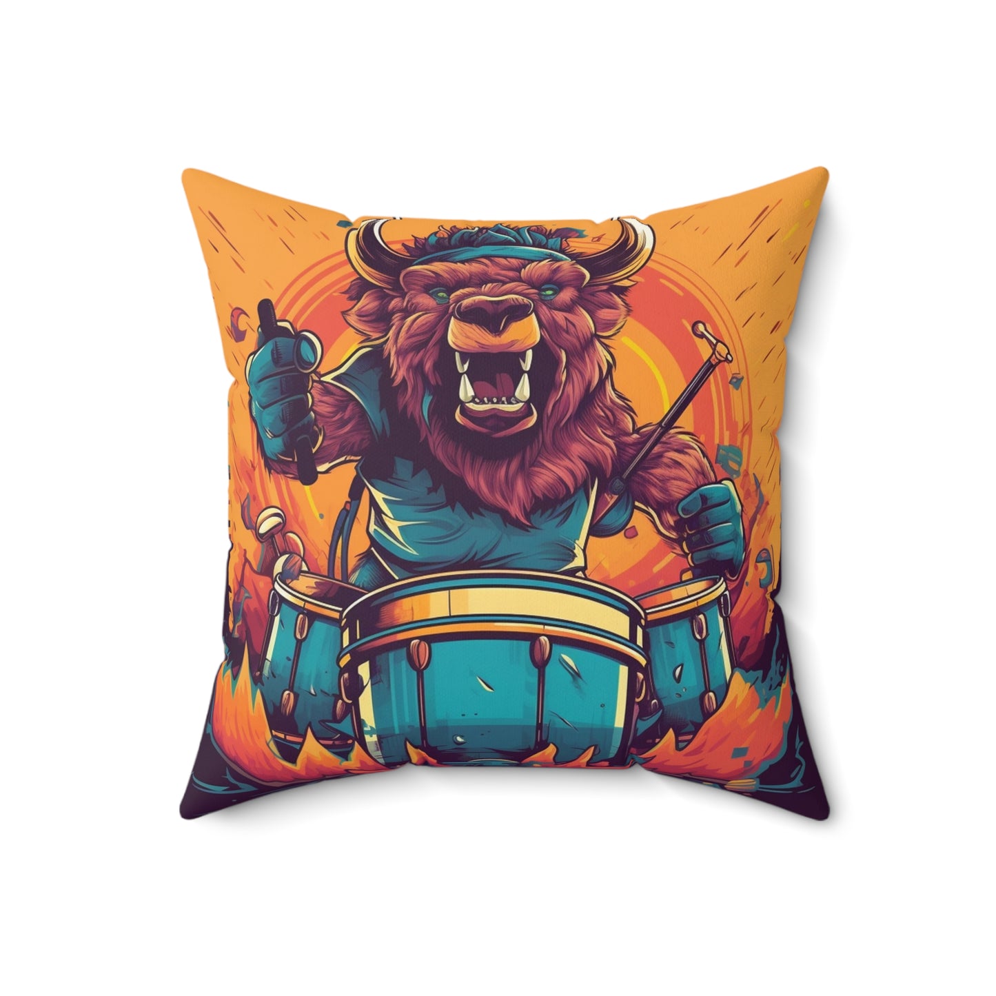 American Bison Drum Player Musician Graphic Spun Polyester Square Pillow