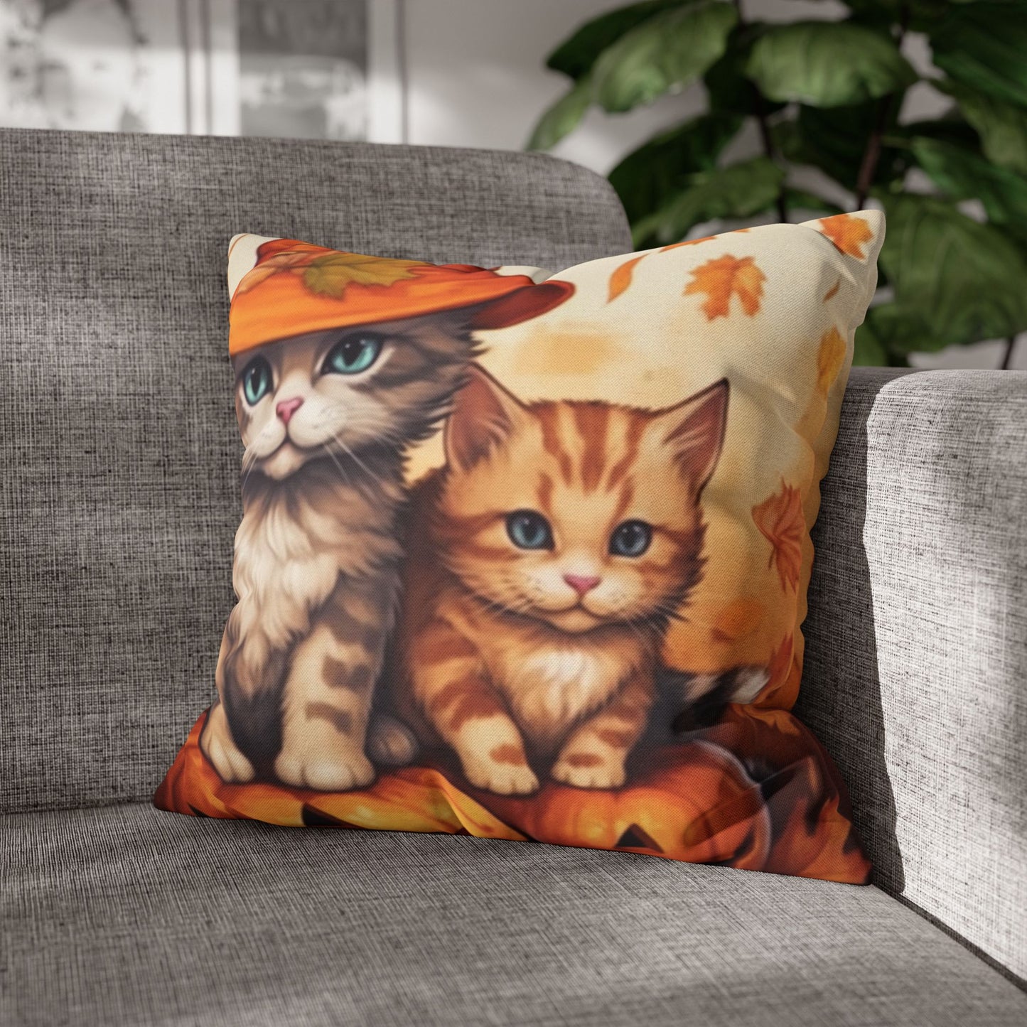 Kitty Cat Kittens Halloween - Cute Furries on Pumpkin - Festive Feline Decor - Spun Polyester Square Pillow Case