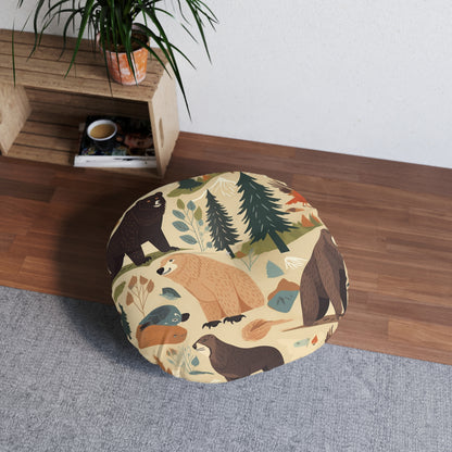 U.S. Wilderness Inspired: Grizzly Bears, Animals Pattern Tufted Floor Pillow, Round