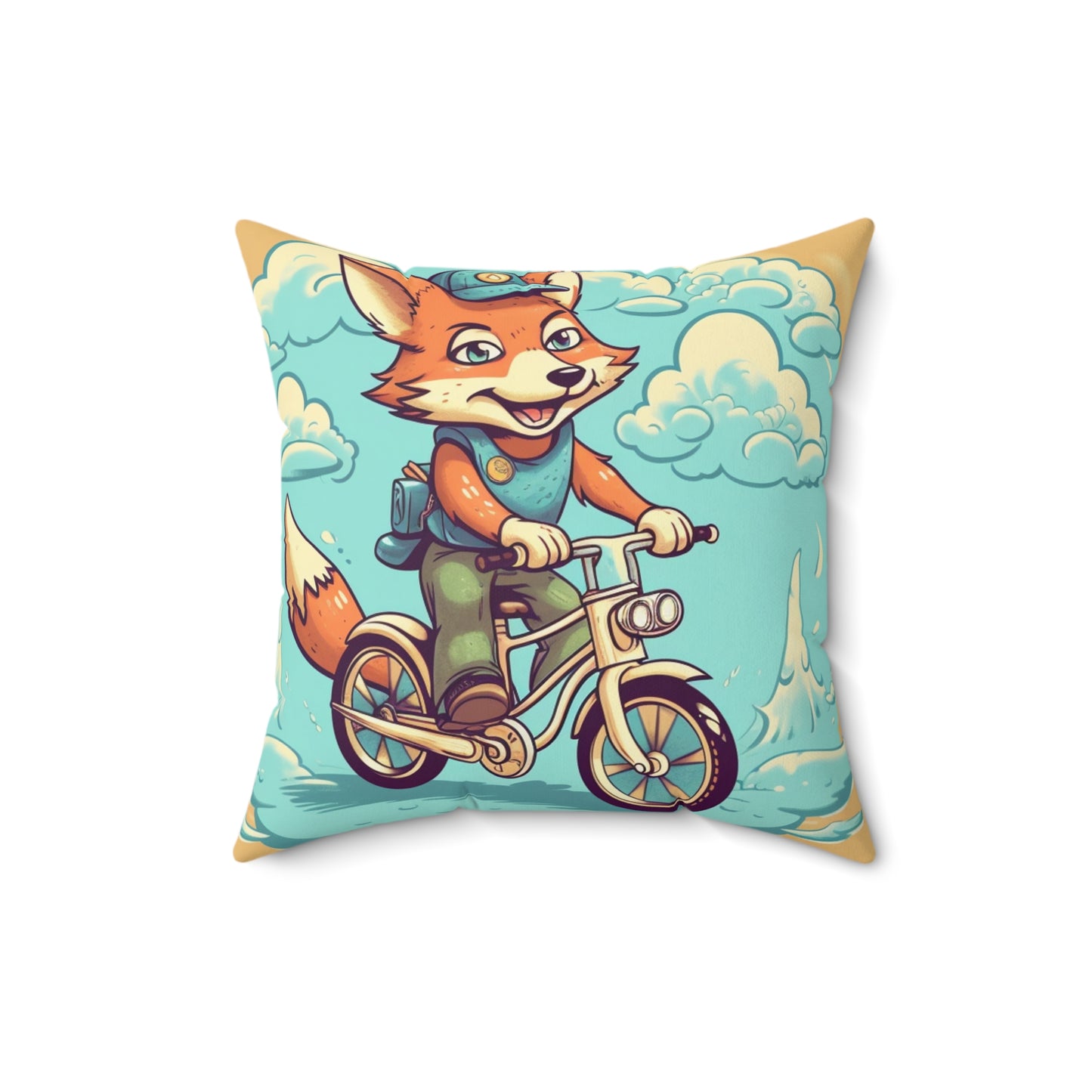 Fox Bike Ride Adventure Graphic Cyclist Spun Polyester Square Pillow