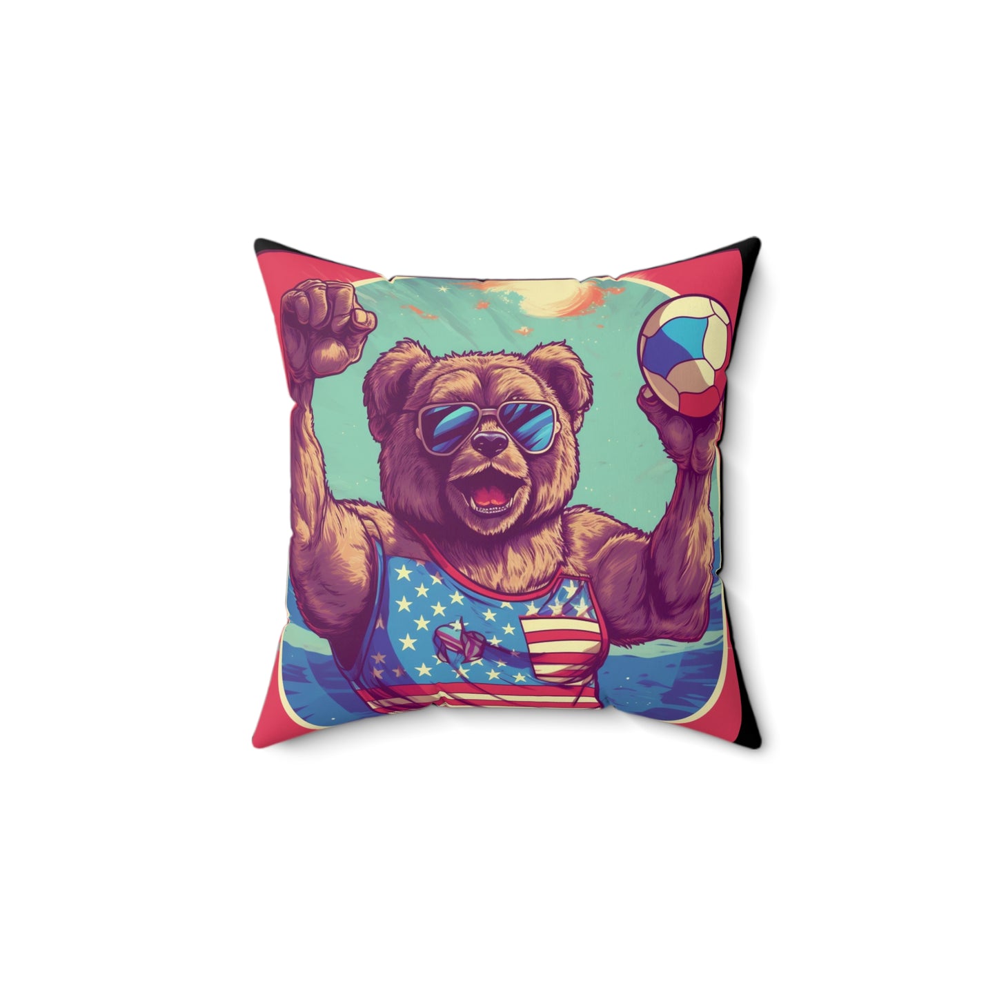 Volleyball Court Patriotism: 4th of July American Bear Athletic Spun Polyester Square Pillow