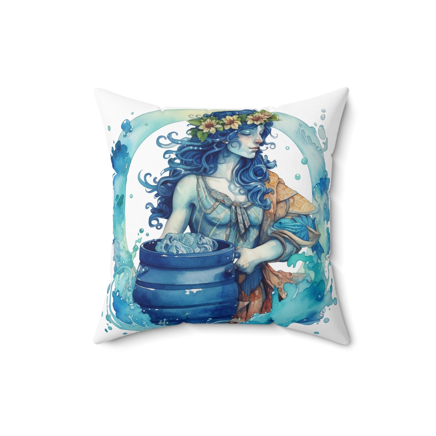 Artistic Aquarius Zodiac - Watercolor Water-Bearer Depiction - Spun Polyester Square Pillow