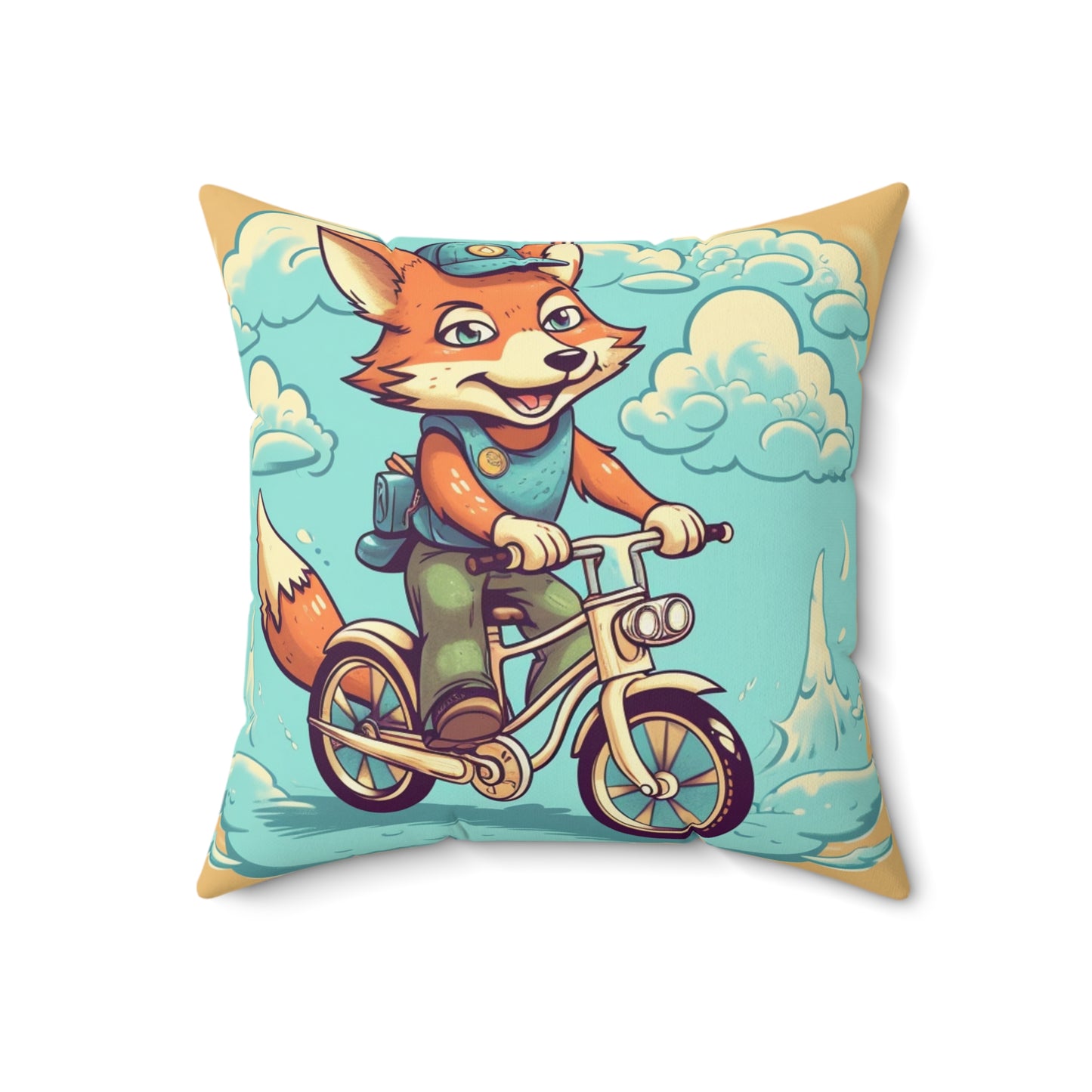 Fox Bike Ride Adventure Graphic Cyclist Spun Polyester Square Pillow